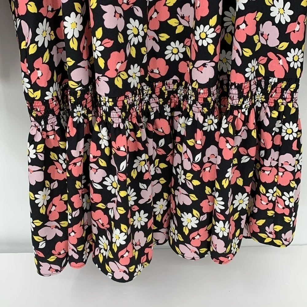 Kate Spade Road Trip floral shift dress smocked long sleeve ruffle black pink XS